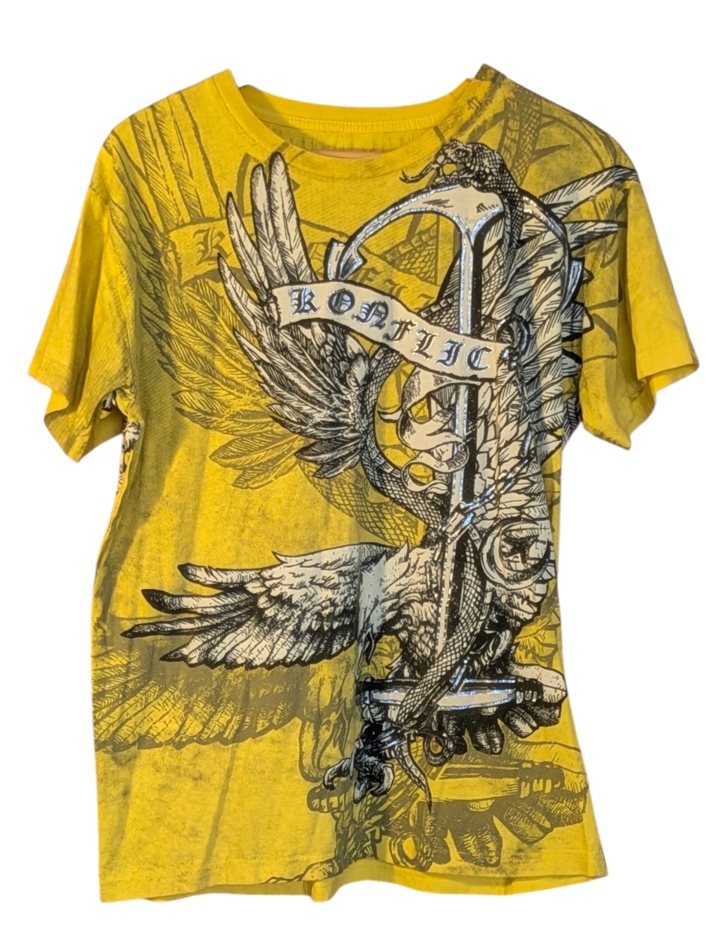 Konflic Yellow Full Graphic Tee Mens L Eagle Bikercore Streetwear Skater Grunge